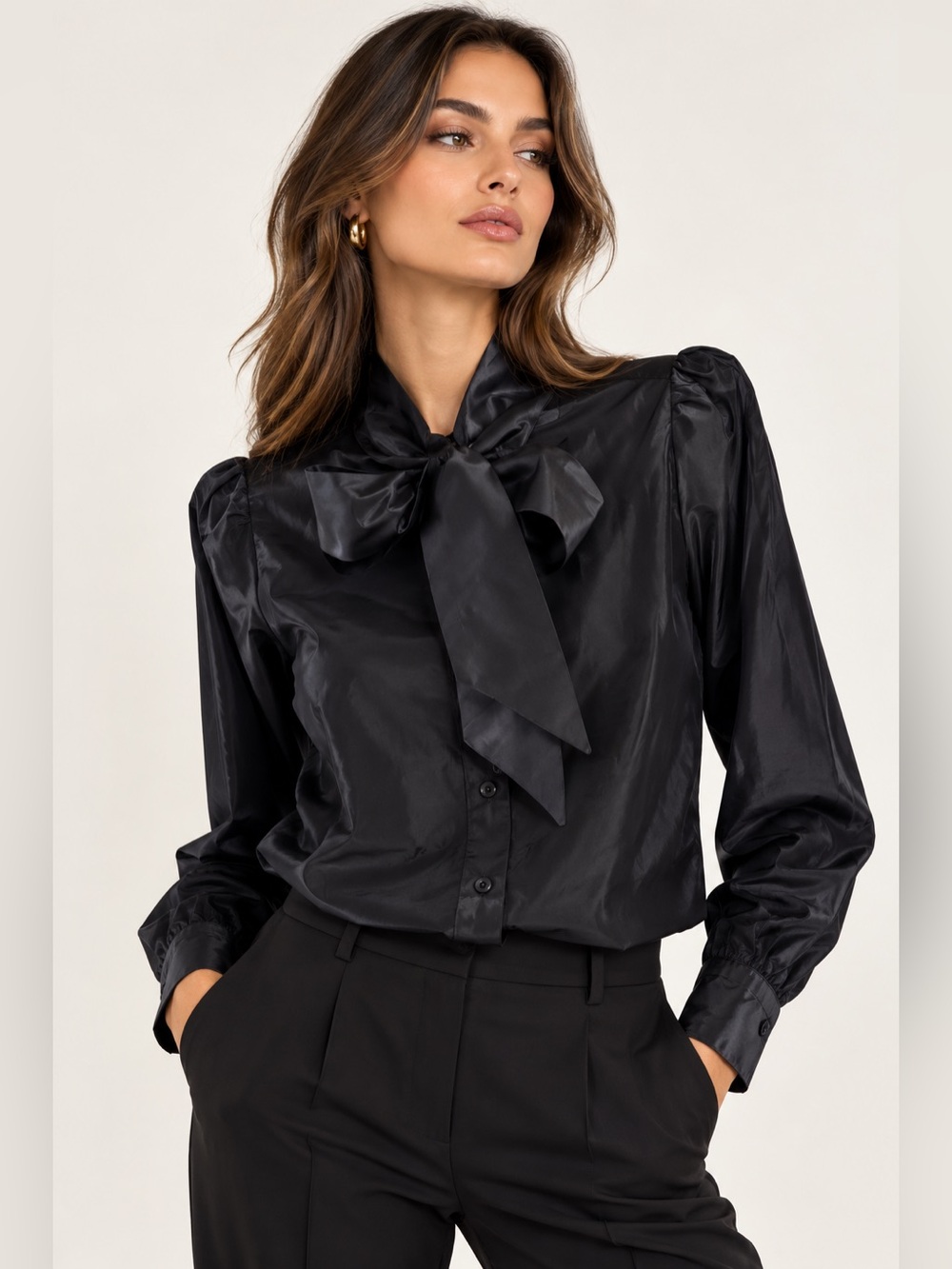 Moschino Silk Bow Tie Button up Women’s Size 8 Casual Shirt Navy Blue Taffeta